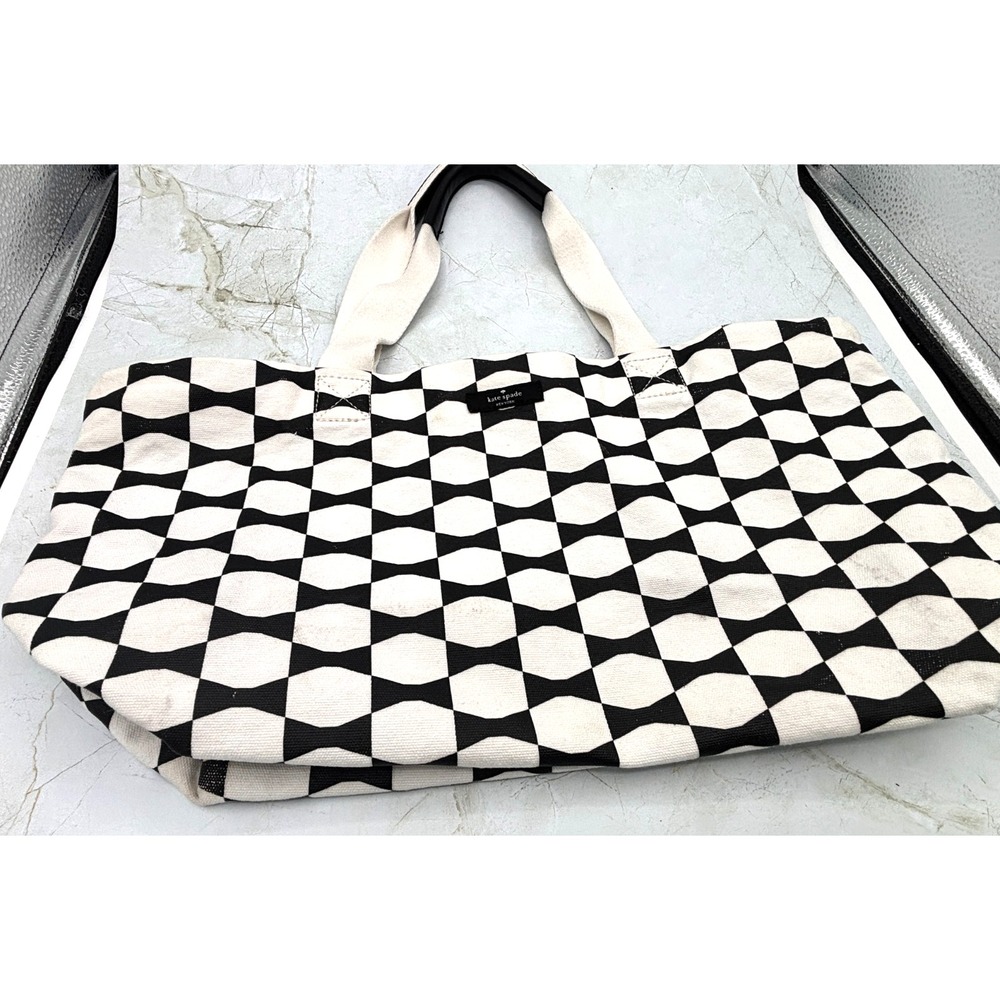 Kate Spade Canvas Cotton Tote Classic Bowtie Black White Leather Handle EUC - Picture 4 of 15